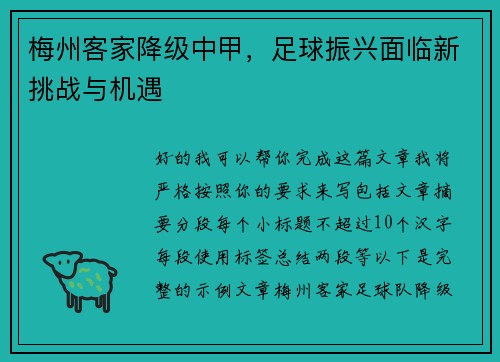 梅州客家降级中甲,足球振兴面临新挑战与机遇 梅州客家降级中甲,足球振兴面临新挑战与机遇